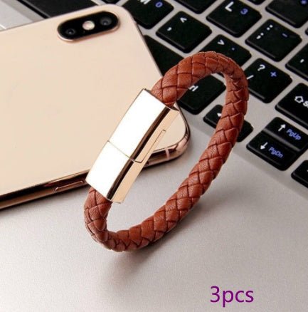 Ancient Energy bracelet-style USB charging cable for iPhone 14 and 13 Max, compatible with USB-C and Micro USB ports.