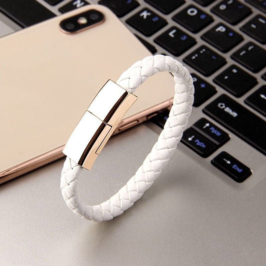 Ancient Energy bracelet-style USB charging cable for iPhone 14 and 13 Max, with USB-C and micro USB connectors.