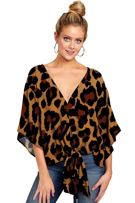 Ancient Energy women's V-neck blouse with leopard print, floral design, tie front, batwing sleeves, summer oversize top.
