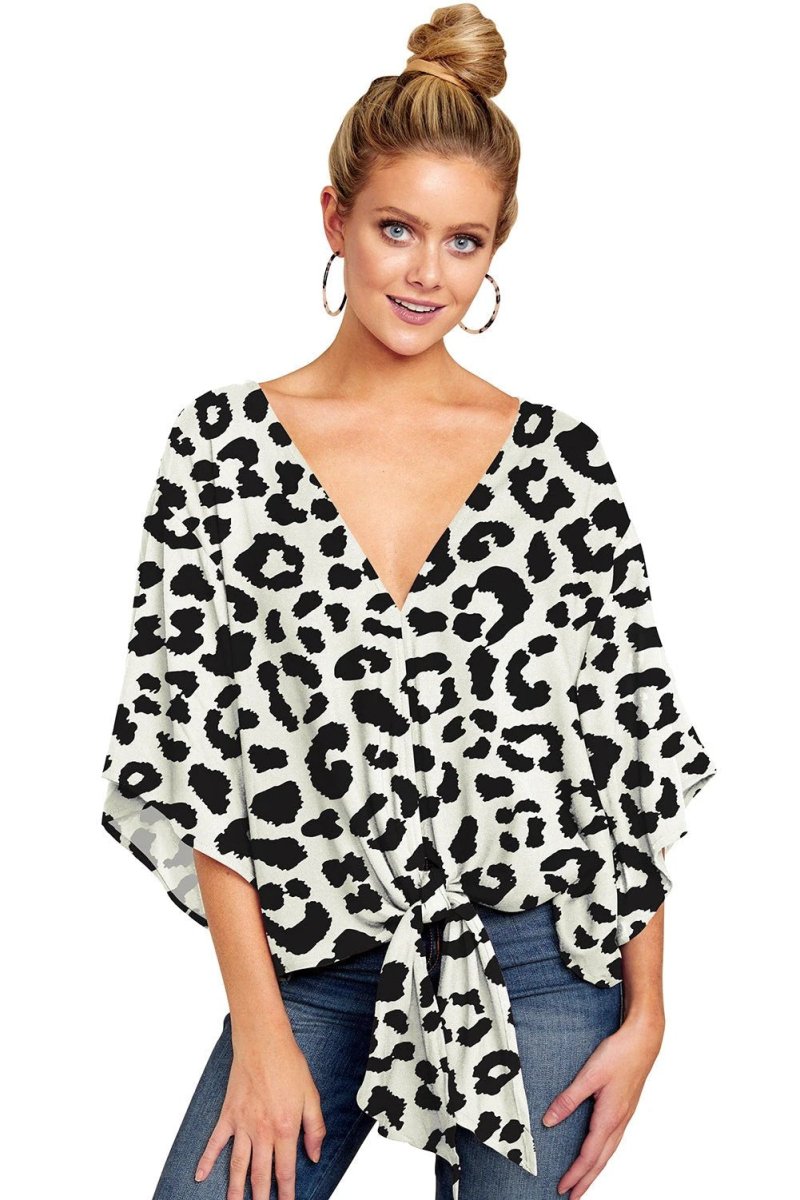Ancient Energy women's V-neck blouse with leopard print, floral tie-front design, batwing sleeves, and oversized summer fit.
