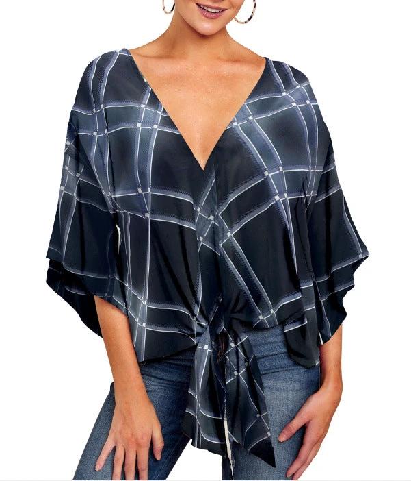 Ancient Energy women's V-neck blouse with leopard print, floral tie front, batwing sleeves, and oversized fit for summer.