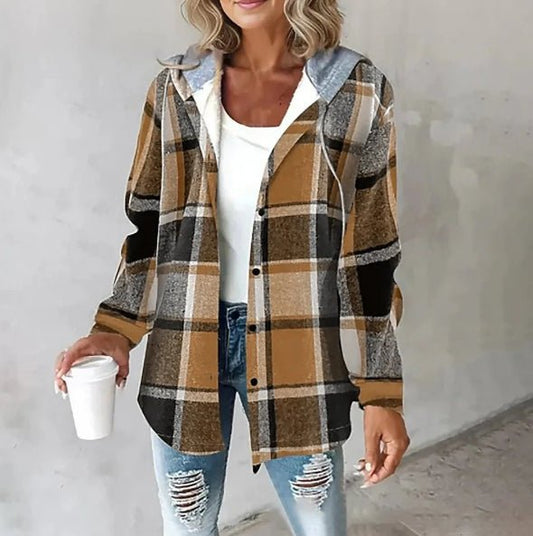 Ancient Energy plaid hooded jacket for women, casual button coat with pockets, suitable for autumn and winter outdoor wear.