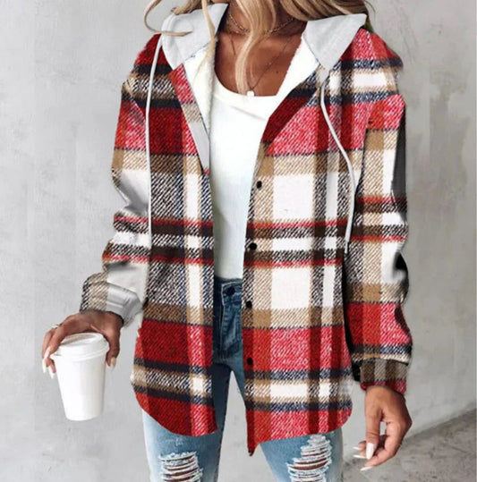 Ancient Energy plaid hooded jacket with buttons and pockets, casual women’s coat for autumn and winter, stylish and warm.