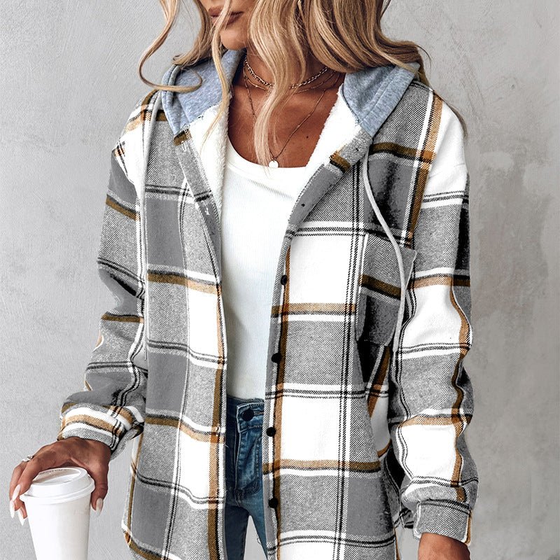 Ancient Energy plaid hooded jacket for women, casual winter coat with button pockets in autumn fashion style.