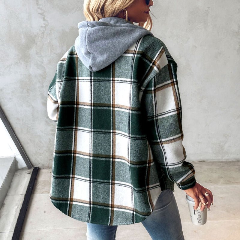 Ancient Energy plaid hooded jacket for women with casual style, button pockets, perfect for autumn and winter.