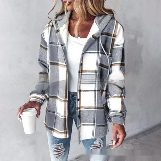 Ancient Energy women's plaid hooded jacket with button pockets, casual style for autumn and winter, suitable for everyday wear.