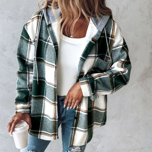 Ancient Energy women's plaid hooded jacket with button closure and front pockets, perfect for casual autumn and winter wear.