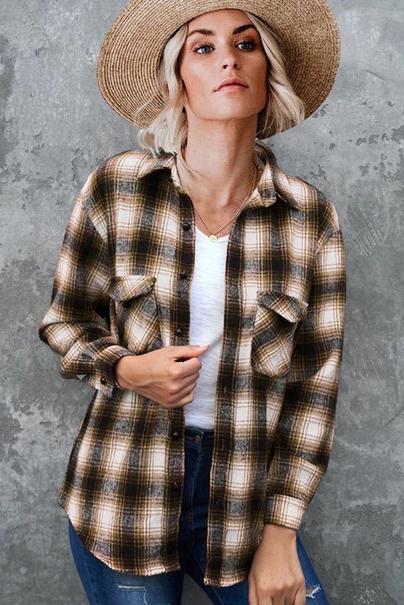 Ancient Energy women's plaid spring blouse with turndown collar, mid-length loose fit, perfect for casual spring outfits.