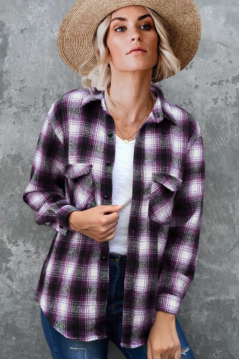 Ancient Energy women's plaid spring shirt, mid-length loose blouse with turndown collar, casual and stylish clothing.