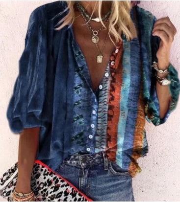Printed long sleeve V-neck button blouse for women by Ancient Energy, featuring a stylish design and comfortable fit.