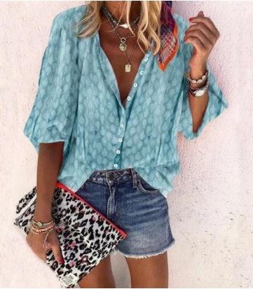 Printed long sleeve V-neck button blouse for women by Ancient Energy, featuring a stylish design and comfortable fit.