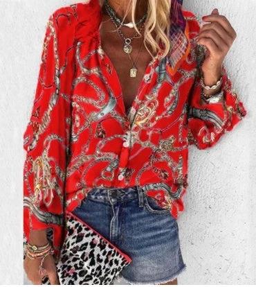 Printed long sleeve V-neck button blouse for women by Ancient Energy, featuring a stylish design and comfortable fit.