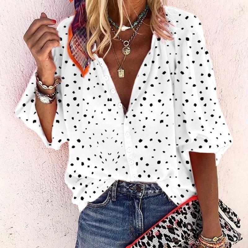 Printed long sleeve V-neck button blouse for women by Ancient Energy, featuring a stylish design and comfortable fit.