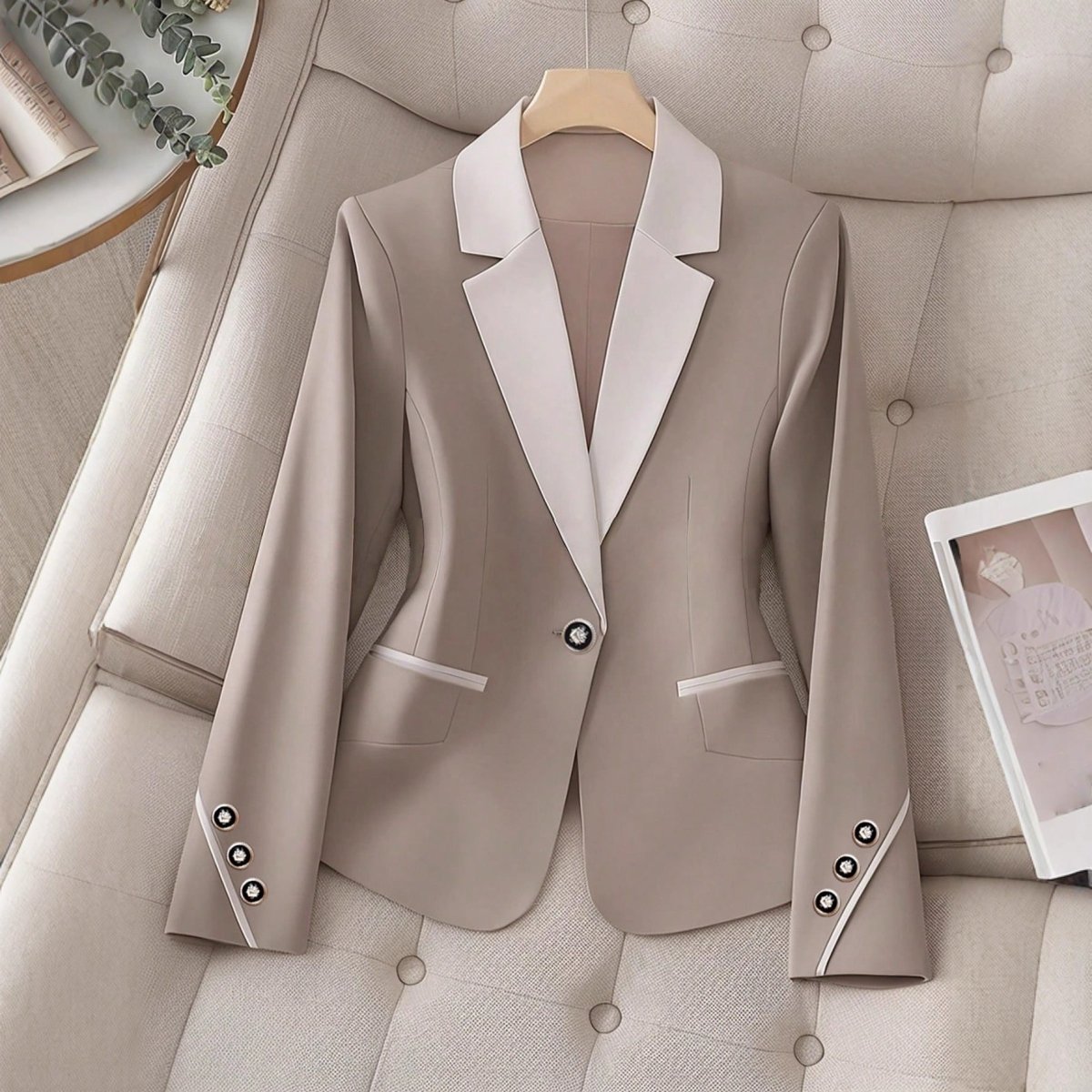 Elegant formal blazer by Ancient Energy featuring contrasting color buttons, tailored fit, and sophisticated design for professional wear.