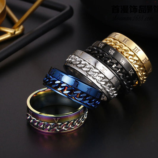 Ancient Energy Roman letter rotatable chain titanium steel ring for men, featuring multifunctional bottle opener, spinner design, and punk style.