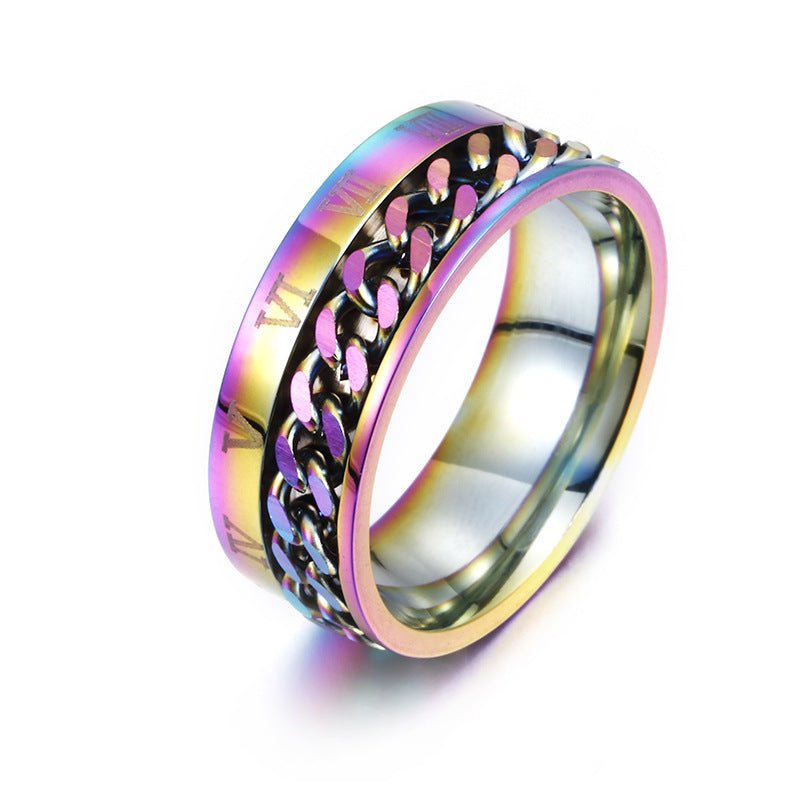 Ancient Energy titanium steel Roman letter rotatable chain ring for men, featuring multifunctional bottle opener and spinner design.