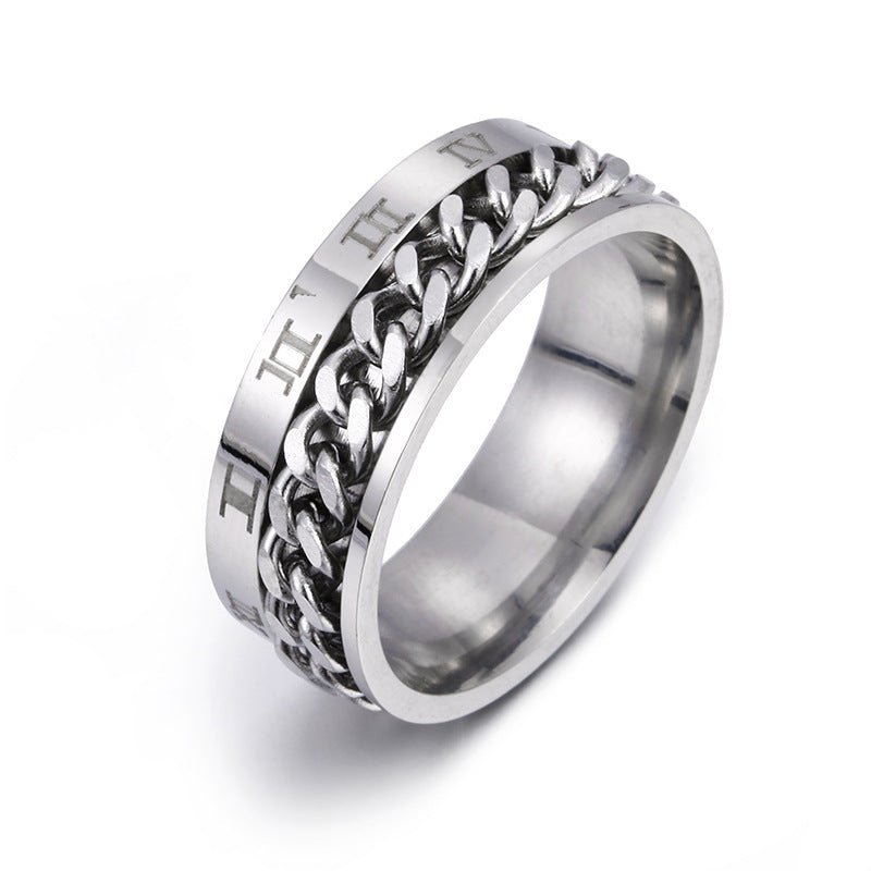 Roman letter rotatable chain titanium steel ring for men, multifunctional bottle opener, spinner jewelry, punk style gift.
