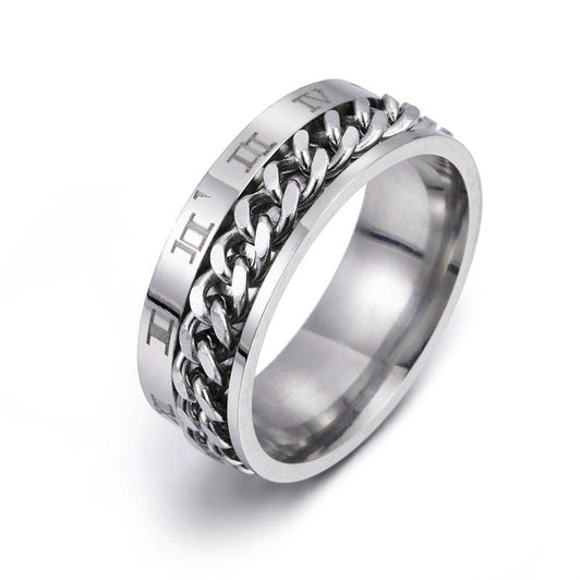 Roman letter rotatable chain titanium steel ring for men, multifunctional bottle opener, spinner jewelry, punk style gift.