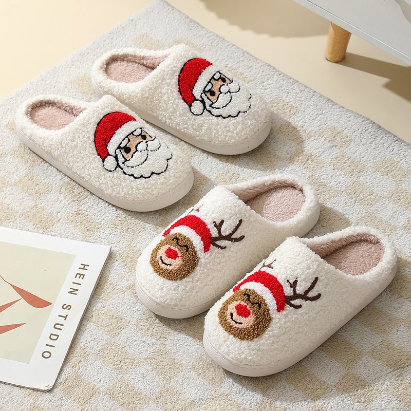 Pair of warm Santa Claus cartoon cotton slippers with furry lining, designed for couples, by Ancient Energy, perfect for winter comfort.