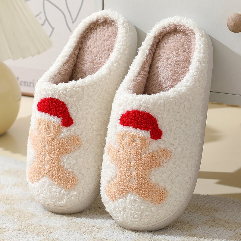 Cute Santa Claus cartoon cotton slippers by Ancient Energy, warm winter furry shoes perfect for couples.