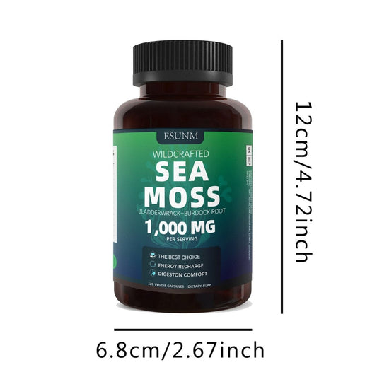 Ancient Energy Seaweed Compound Vitamin Capsules in a clear container, showing small green capsules for health and wellness.