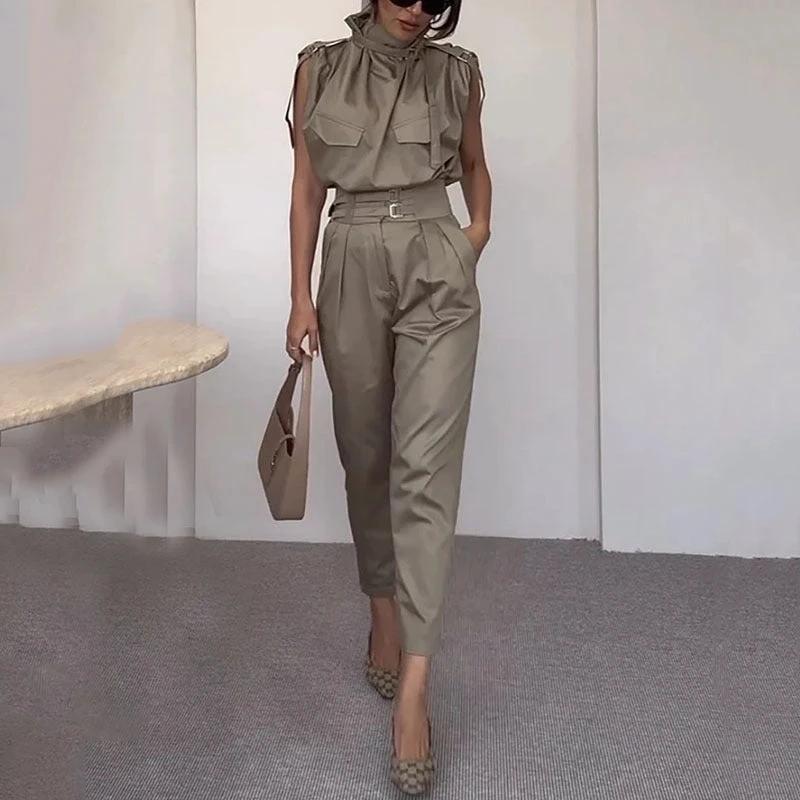 Ancient Energy shoulder slimming waist belt with decorative blouse and pants, stylish and form-fitting outfit for modern fashion.