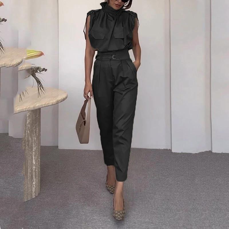 Ancient Energy shoulder slimming waist belt paired with a blouse and pants, showcasing stylish waist-slimming fashion.