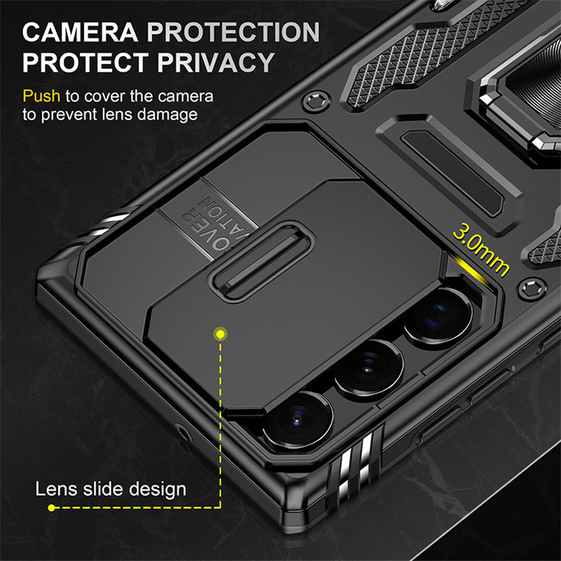 Ancient Energy sliding window ring bracket multifunctional phone case showing the case with a sliding ring and window opening.