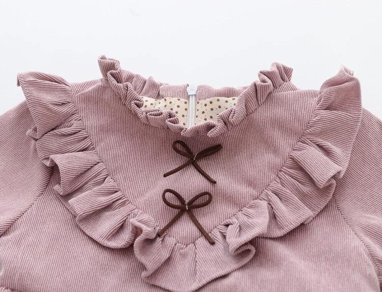 Baby girl spring dress with Korean style, corduroy skirt and blouse, by Ancient Energy, perfect for spring children's wear.
