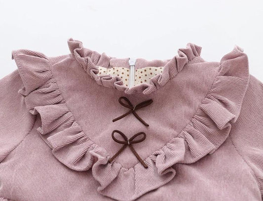 Baby girl spring dress with Korean style, corduroy skirt and blouse, by Ancient Energy, perfect for spring children's wear.