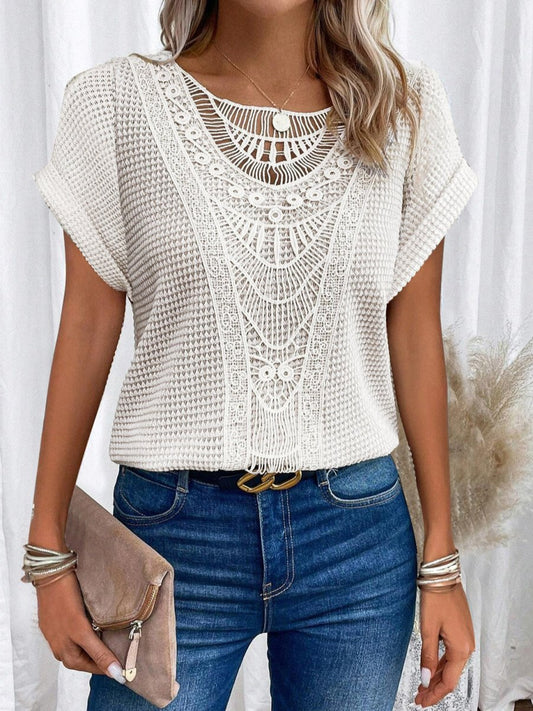 Ancient Energy women's summer short-sleeved T-shirt with hollow-out ethnic style design, casual fashion top.