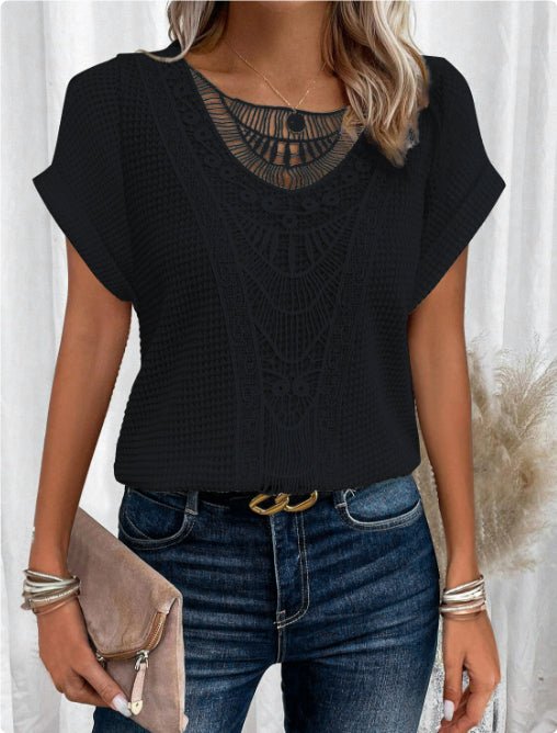 Ancient Energy women's summer hollow-out short-sleeved T-shirt with ethnic style, lightweight casual top for warm weather.