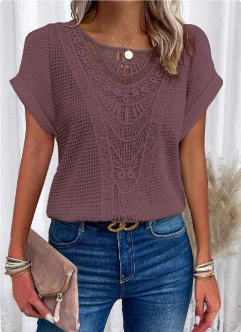 Ancient Energy women's summer short-sleeved T-shirt with hollow-out design and ethnic style, casual fashion top.