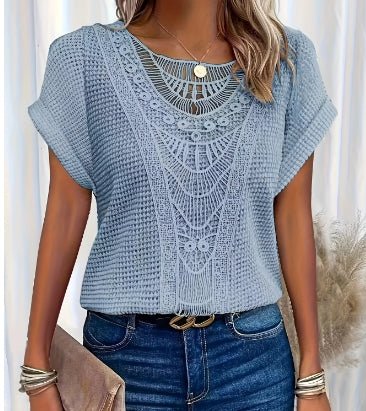 Ancient Energy women's summer short-sleeved T-shirt with hollow-out ethnic style design, casual fashion top for warm weather