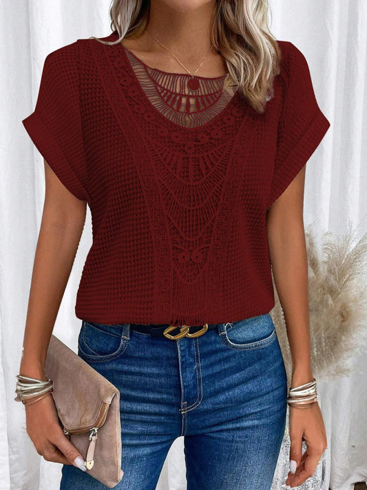 Ancient Energy women's summer short-sleeved T-shirt with hollow-out ethnic style design, casual fashion top for warm weather.
