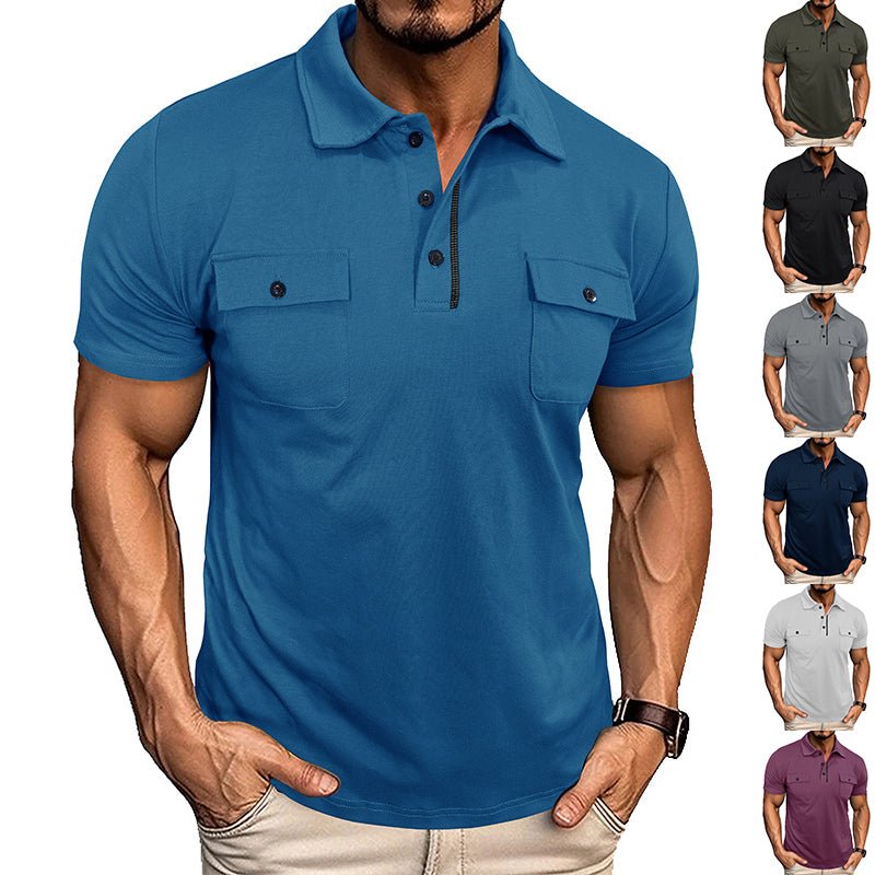 Ancient Energy men's summer polo shirt with lapel, button front, short sleeves, and pockets, ideal for outdoor fashion.