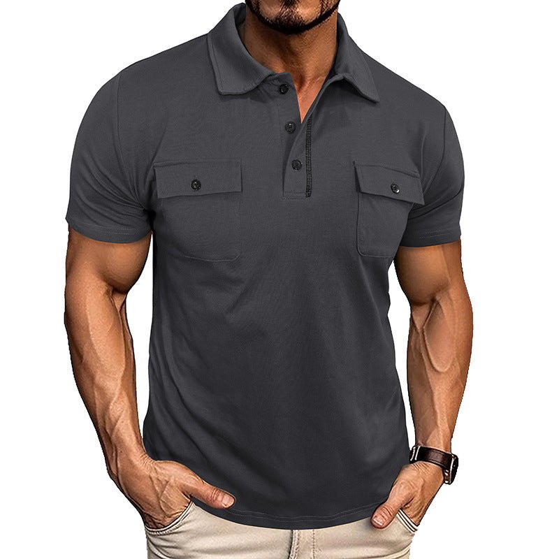 Ancient Energy men's summer polo shirt with lapel, button front, short sleeves, and pockets, ideal for outdoor casual wear.