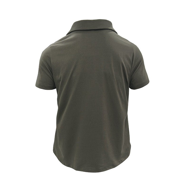 Ancient Energy men's summer polo shirt with lapel collar, button front, short sleeves, and pockets, outdoor casual fashion top.