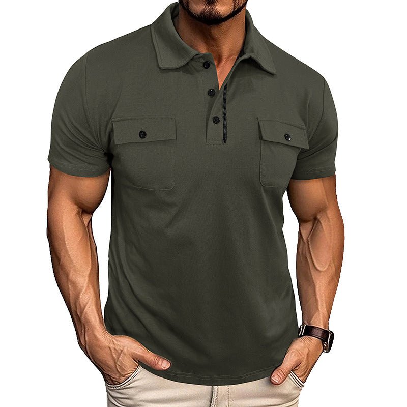 Ancient Energy men's summer polo shirt with lapel, button front, short sleeves, and pockets, outdoor casual fashion top.