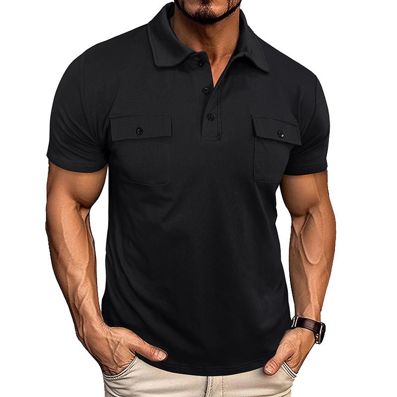Ancient Energy men's summer polo shirt with lapel, button front, short sleeves, and pockets, ideal for outdoor casual wear.