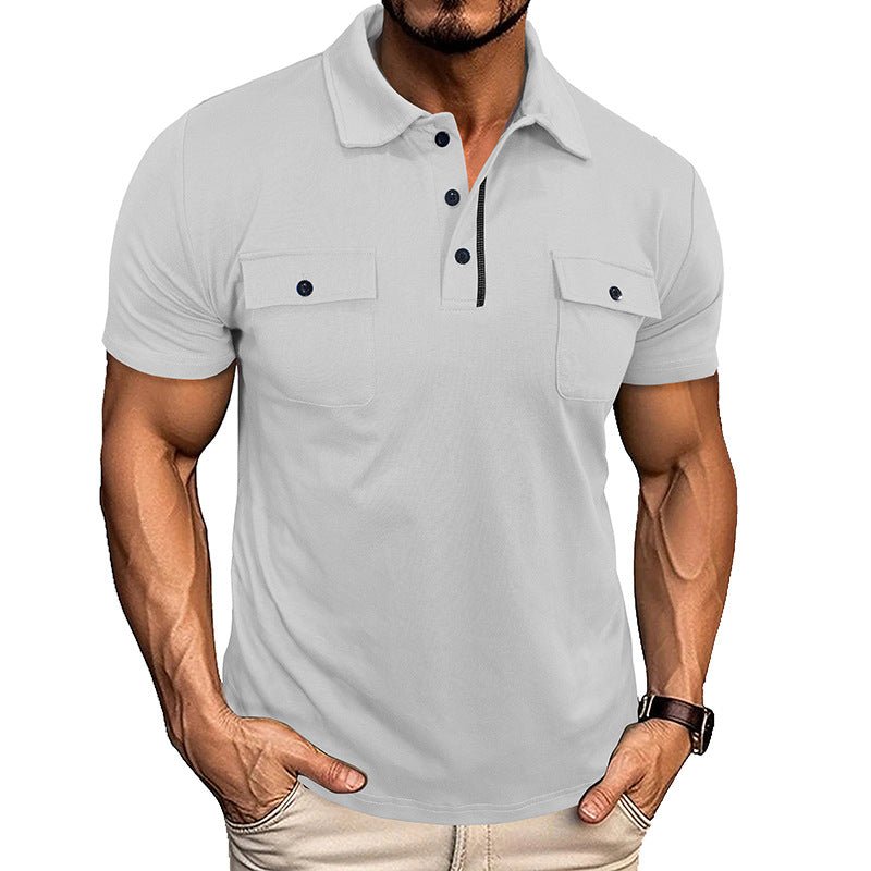 Ancient Energy men's summer polo shirt with lapel collar, button front, short sleeves, and pockets for outdoor fashion.