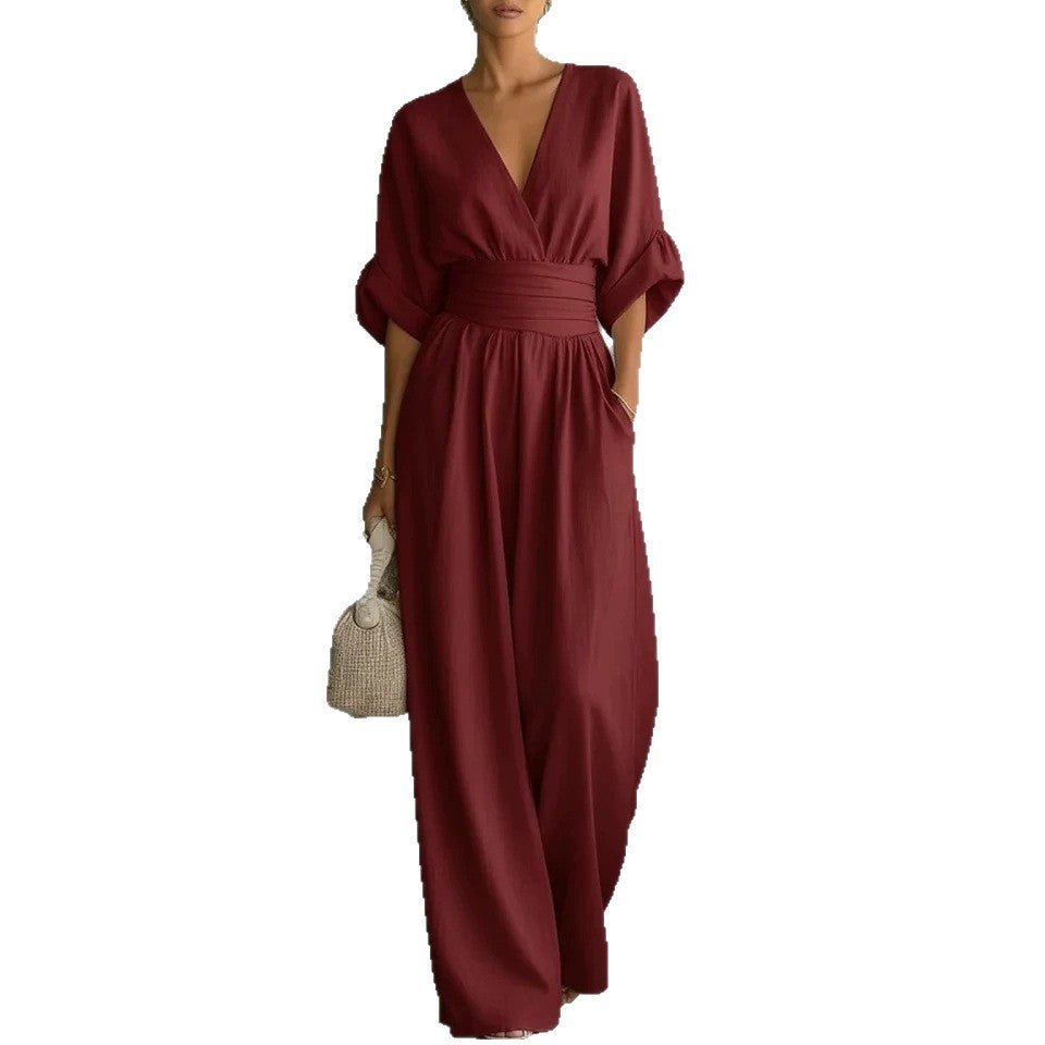 Ancient Energy women's summer short-sleeved jumpsuit with V-neck and wide-leg pants, casual fashion outfit.