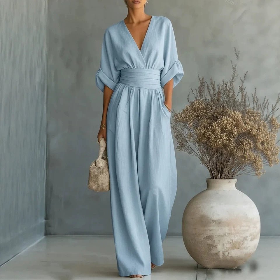 Ancient Energy women's summer short-sleeved jumpsuit with V-neck and wide-leg pants, casual fashion style.