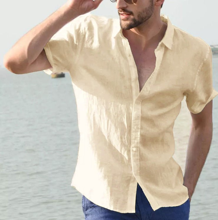 Men's summer short-sleeved casual button-up shirt by Ancient Energy, lightweight and comfortable for warm weather wear.