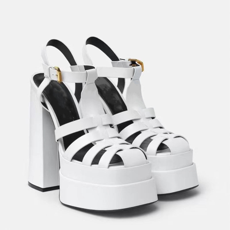 Ancient Energy summer thick high heels with fish mouth design, stylish European and US fashion footwear, close-up view