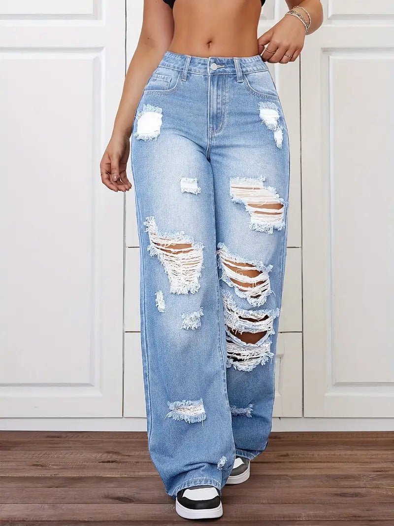 Ancient Energy women's washed ripped straight jeans with distressed details, denim fabric, and classic five-pocket design.