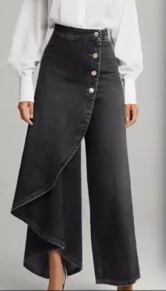 Ancient Energy women's straight-leg faux jeans pants with large ruffled buttons, fashion-forward trousers, casual and stylish wear