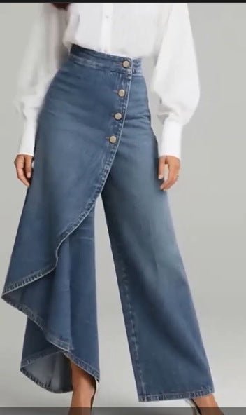 Ancient Energy women's faux jeans featuring straight-leg cut, large ruffled buttons, and stylish trousers for casual wear.