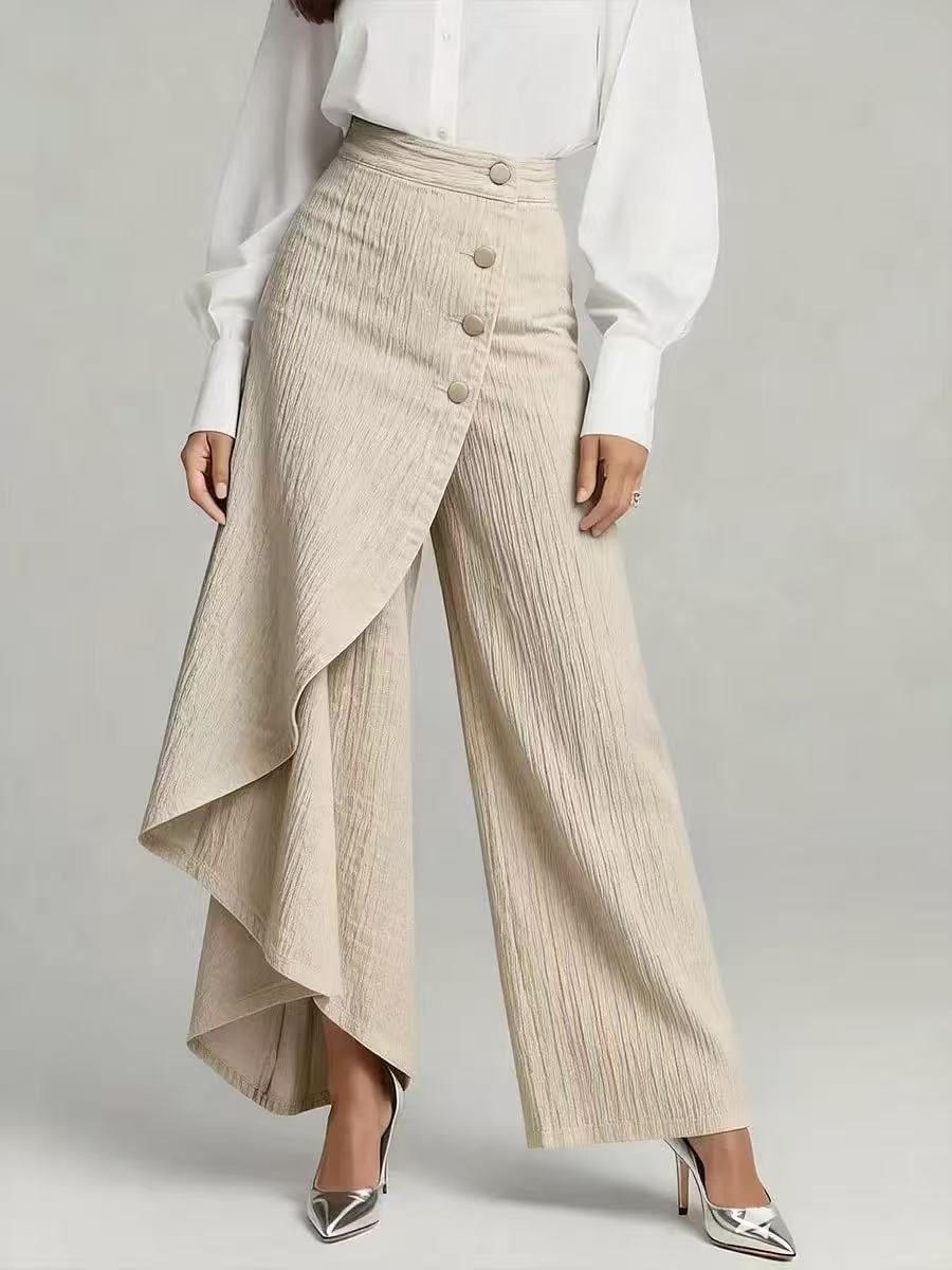 Ancient Energy women's faux jeans featuring straight-leg fit, large ruffled buttons, and stylish design with ruffled details.