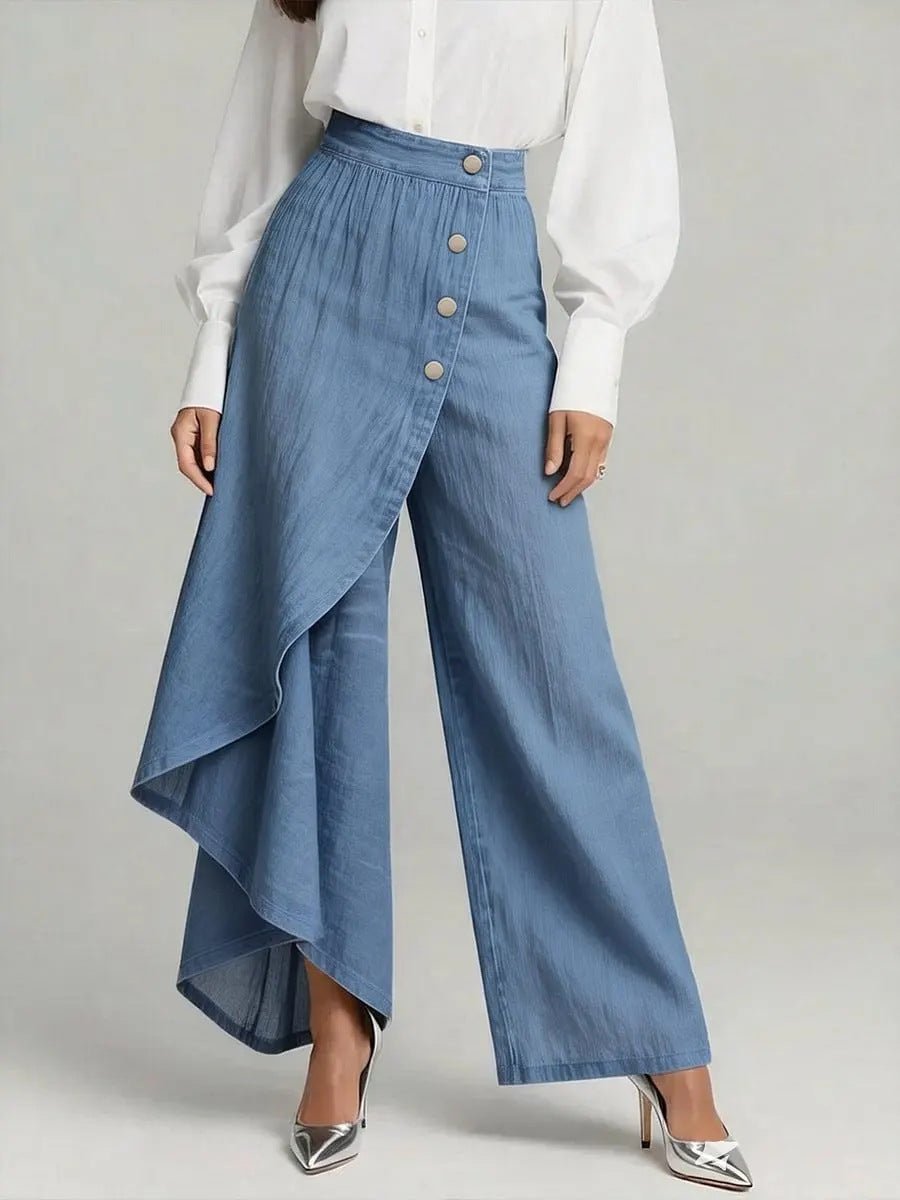 Ancient Energy women's faux jeans with straight-leg fit, large ruffled buttons, stylish trousers, and fashionable design.